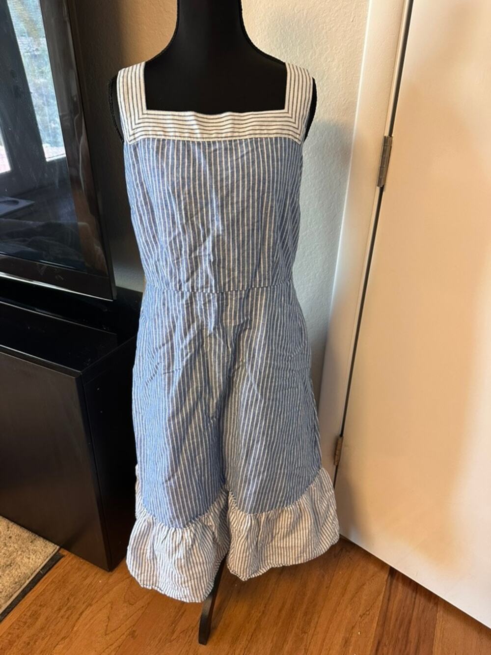 Talbots Blue & White Stripe Sleeveless Sundress Square Neck Ruffle Hem Midi